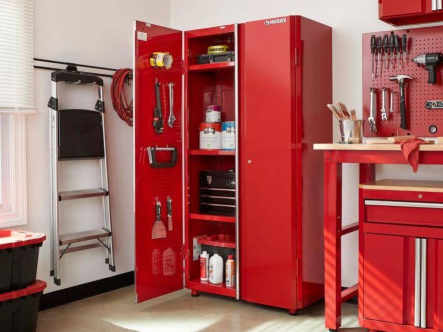 A tall garage storage system in red