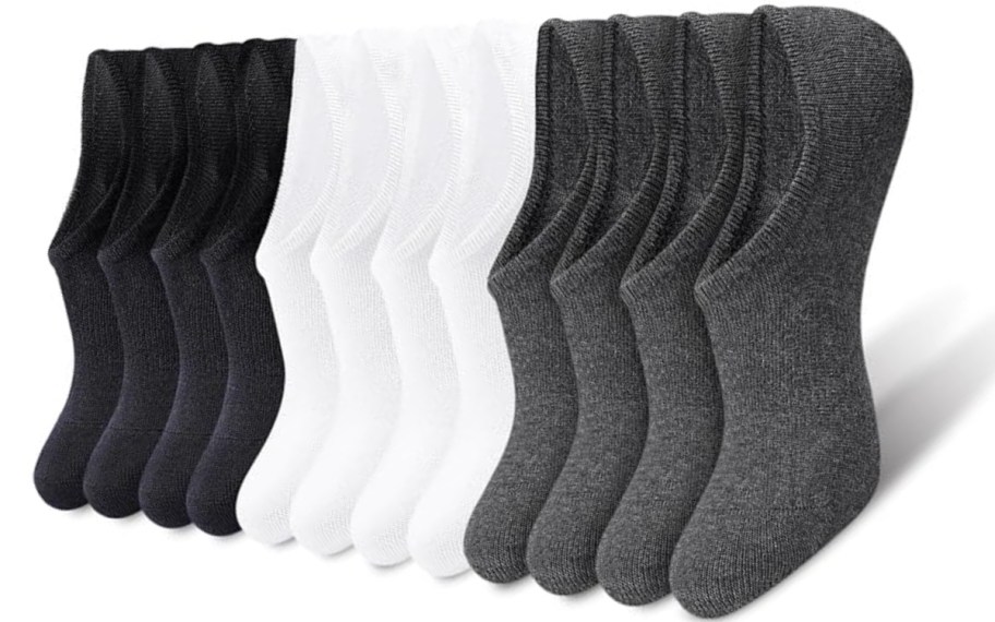 black, white, and grey pairs of men's no show socks