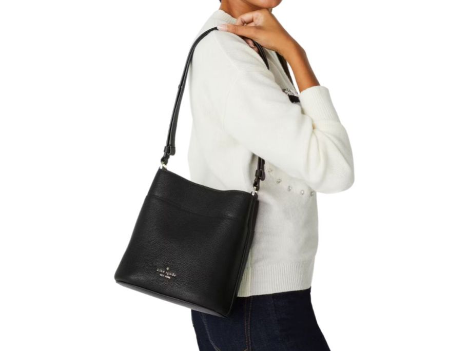 Girl wearing Kate Spade Lila Small Bucket Bag
