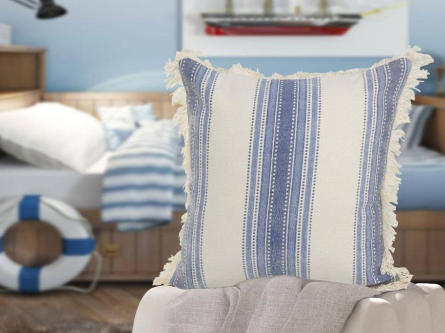 LR Home Coastal Blue / Cream 18in x 18in Striped Cotton Standard Indoor Throw Pillow in living room