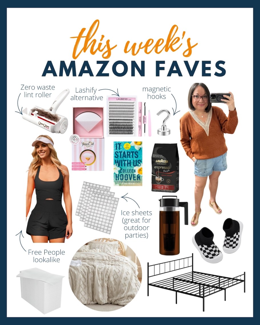 this week's amazon faves collage graphic with various stock photos of random items