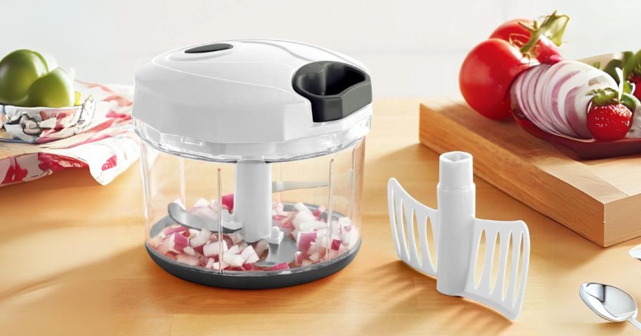 Mainstays 1-Quart Quick Pull Chopper on counter with food in it