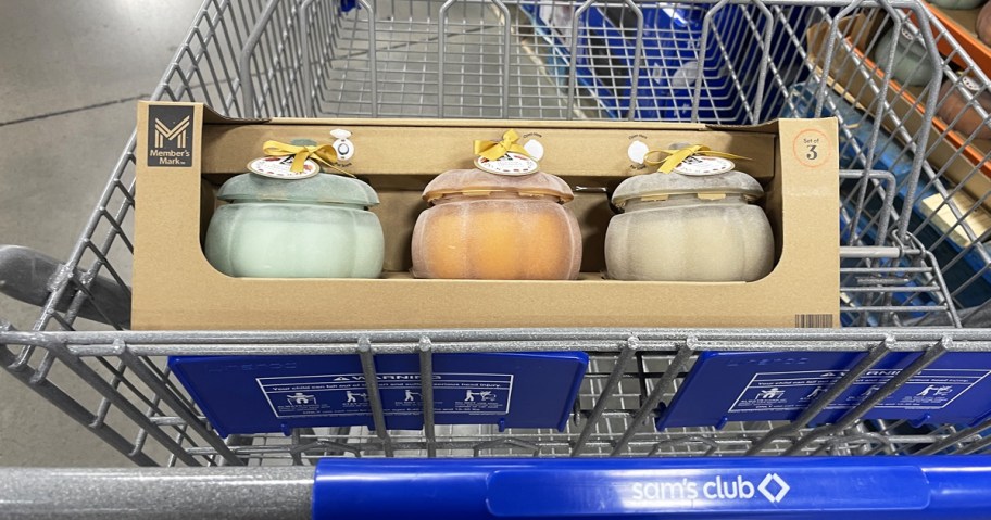 set of 3 glass pumpkin candles in sam's club shopping cart