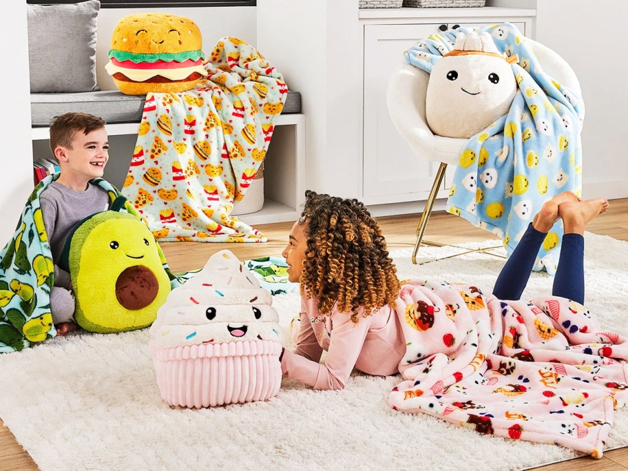 matching plush and printed blanket sets in kids room