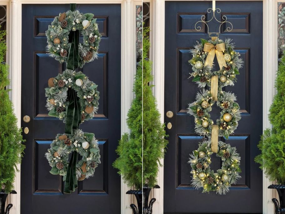 Two doors with 3 connected wreaths on them 