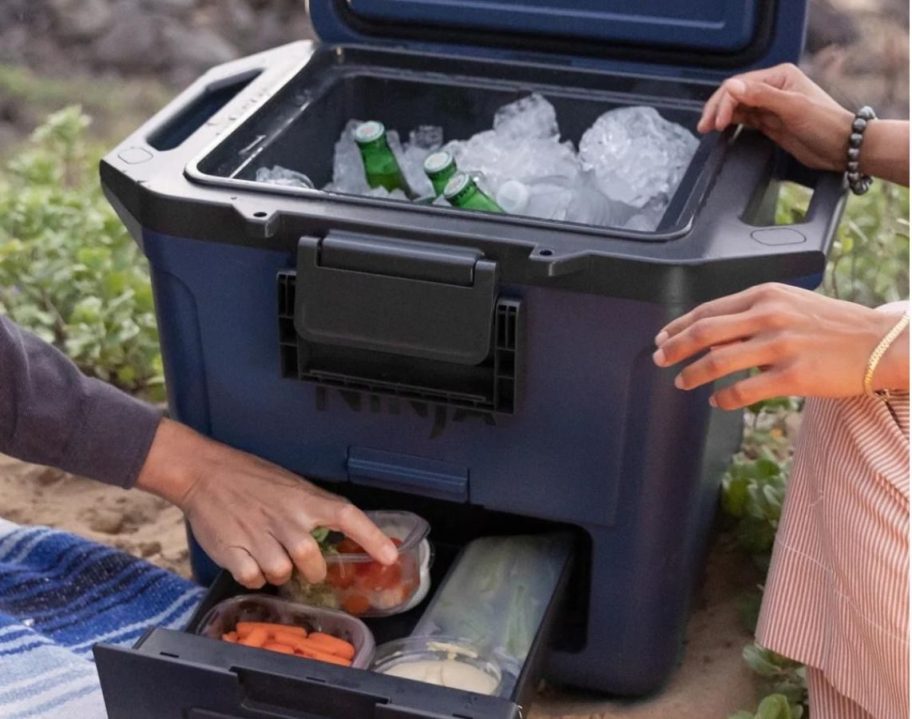 A Ninja Frostvault Cooler with the lid and the drawer at the bottom open with hand removing food from it