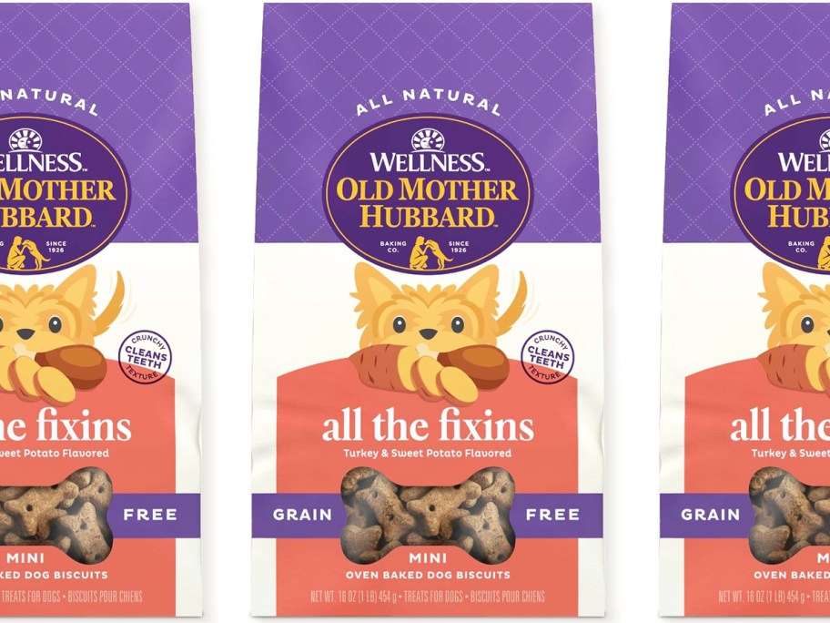 three bags of Old Mother Hubbard by Wellness All the Fixins Mini Dog Treats