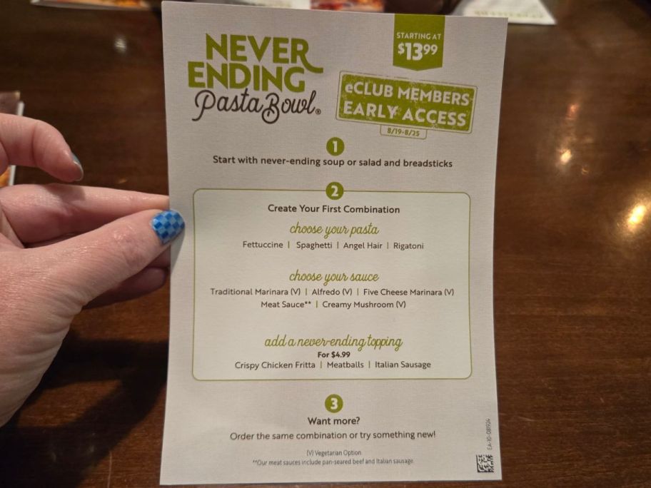 Olive Garden Never Ending Pasta Bowl Menu