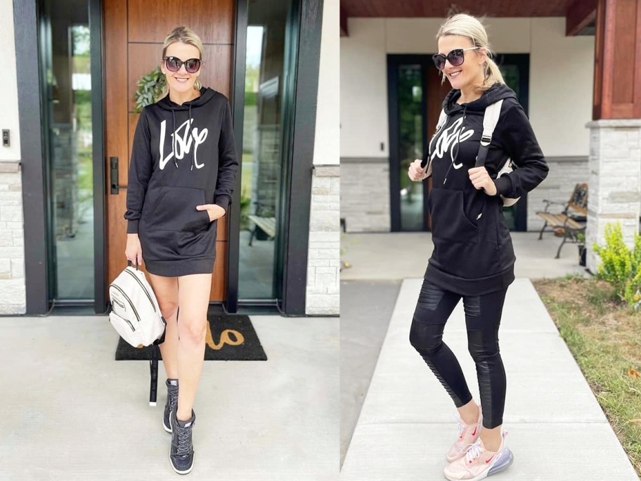 woman styling sweatshirt dress two ways