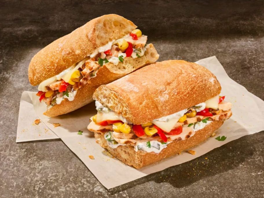 a Panera Spicy Fiesta Chicken Sandwich on napkins