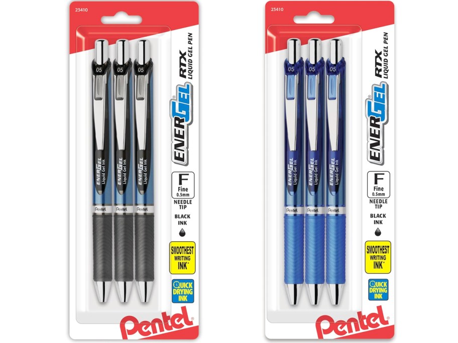 two packs of Pentel EnerGel Deluxe Pens in black and blue ink colors