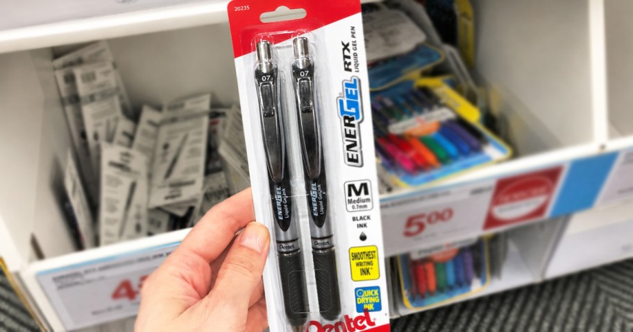 hand holding up a 2-pack of Pentel EnerGel RTX Gel Pens