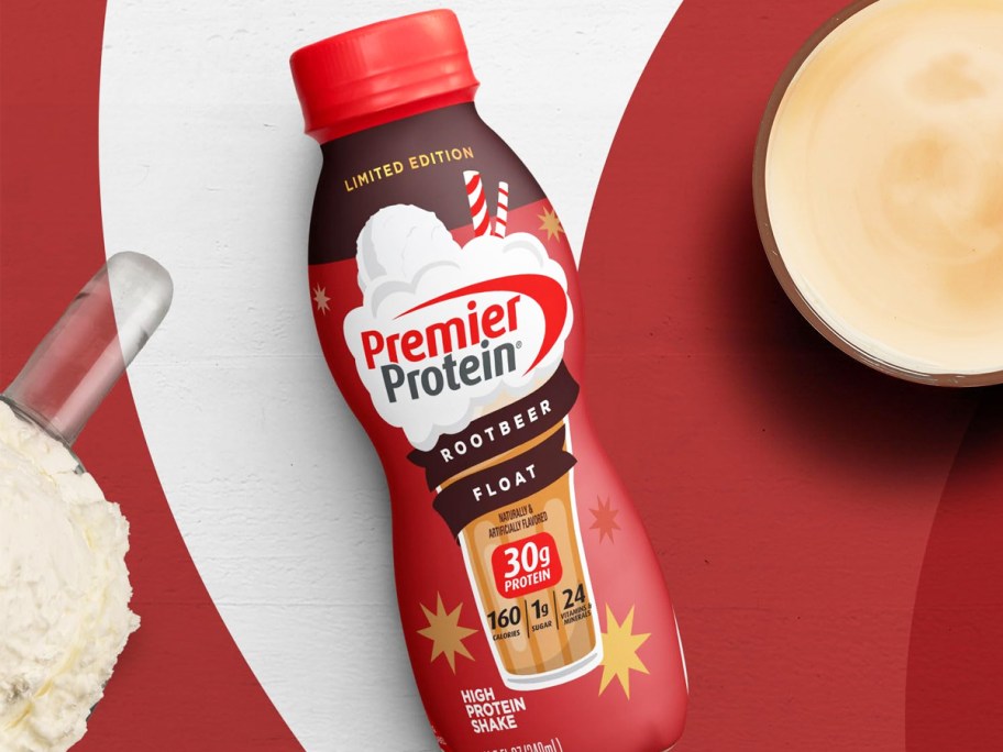 Premier Protein Shakes in Root Beer Float flavor laying on its side