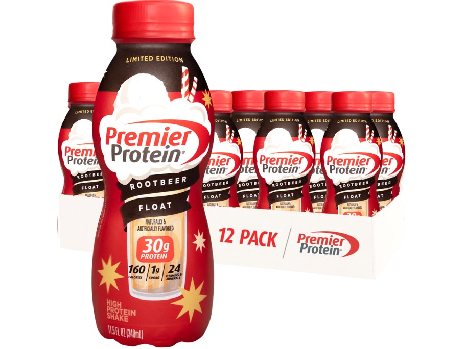 case of Premier Protein Shakes in Root Beer Float flavor