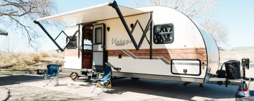 two camping chairs outside of an rv