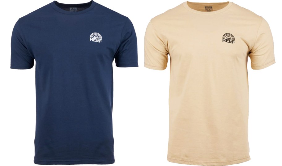 navy blue and tan t-shirts that say reef at the top right