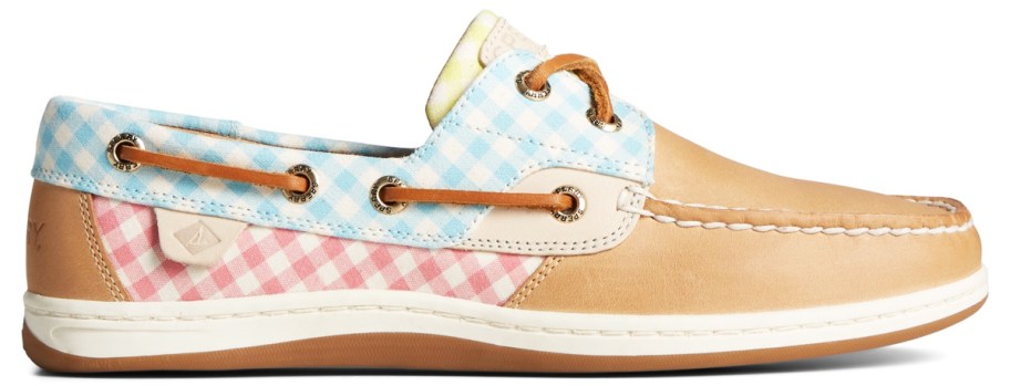 blue, pink, and yellow gingham boat shoes