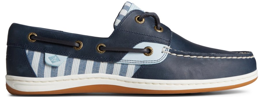 blue and navy striped boat shoe