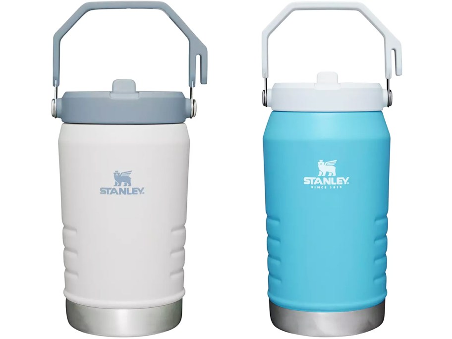 white and blue stanley iceflow jugs