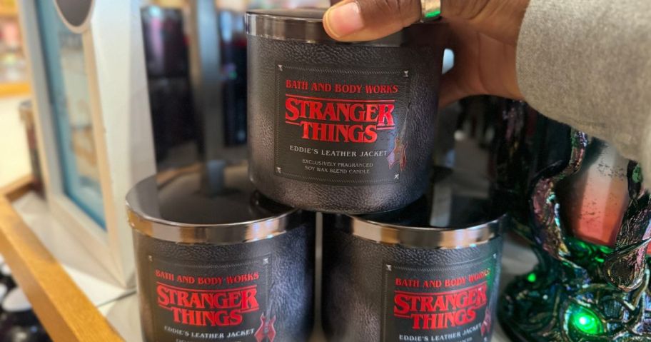 Stranger Things Candles at Bath & Body works in Eddy's Leather Jacket Scent