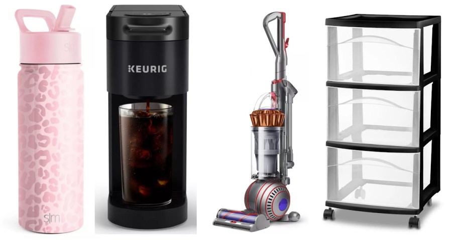 water bottle, coffee maker, vacuum and storage cart