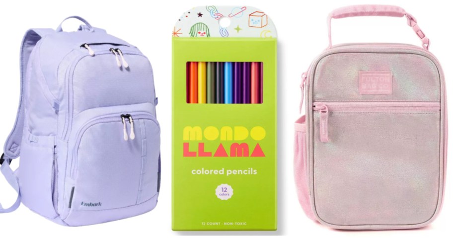 backpack, colored pencils and lunch box