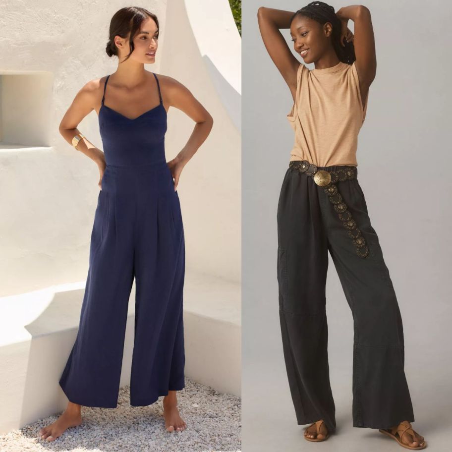 a woman in a wideleg jumpsuit and a woman wearing a pair of linen cargo pants