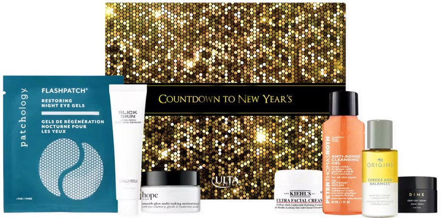 various beauty product samples in front of a box that says "Countdown To New Year's"