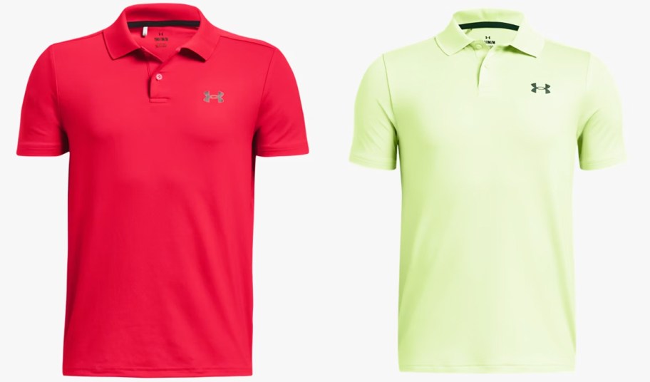 red and bright green polo shirts