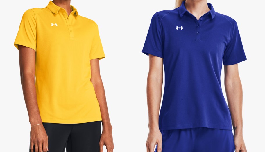 women in yellow and blue polo shirts