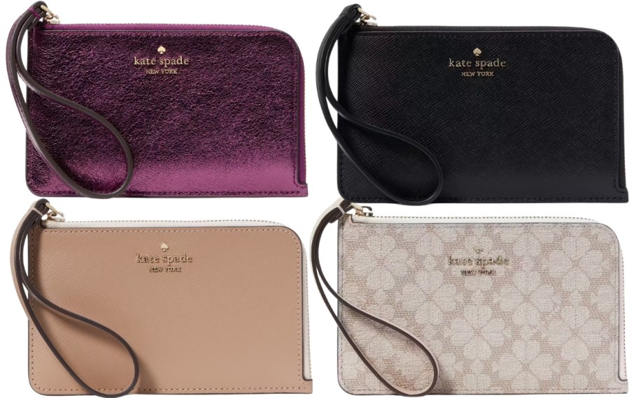 four Kate Spade small wristlets, one in metallic purple, one in tan, one in black, one in white with light taupe floral medallion print