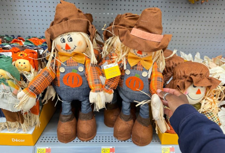 two scarecrow tabletop decor on a store shelf