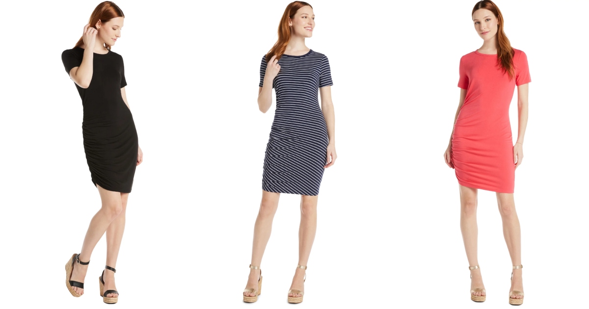 Three women in a short Time and Tru knit dress. Each a different color or print.