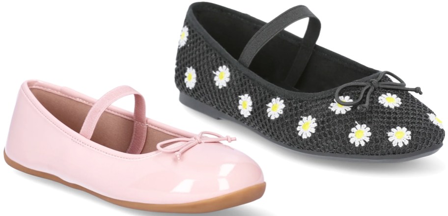 solid pink and black daisy print ballet flats