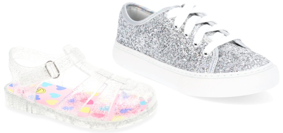 jelly sandals and glitter sneakers