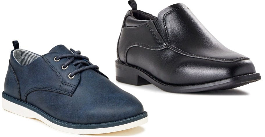 blue and black pairs of boys dress shoes