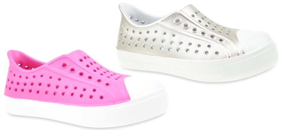 pink and silver pairs of kids water shoes