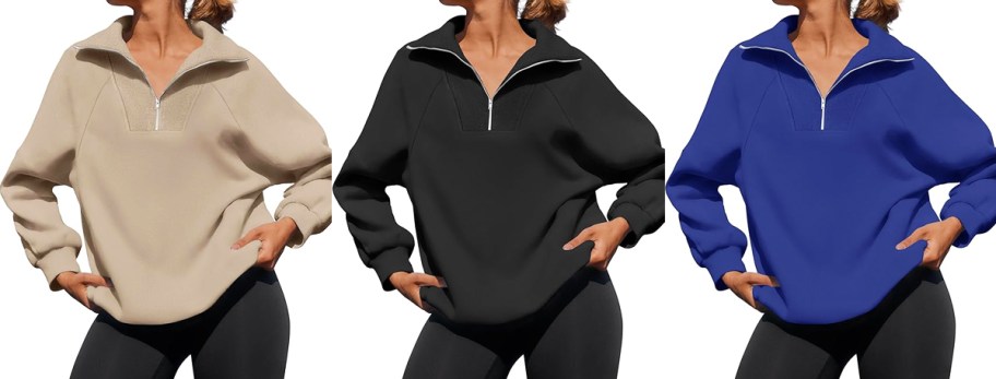 three women modeling half-zip sweatshirts