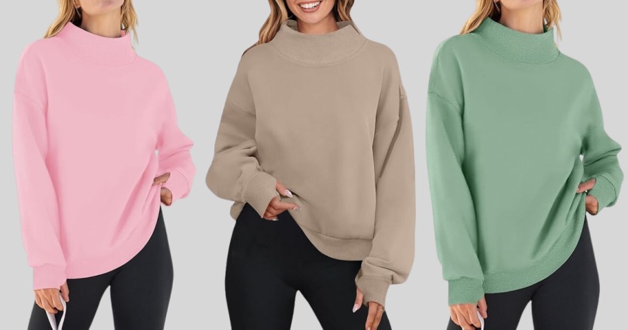 women wearing oversized mock neck sweatshirts, one in light pink, one in tan, and one in light green.