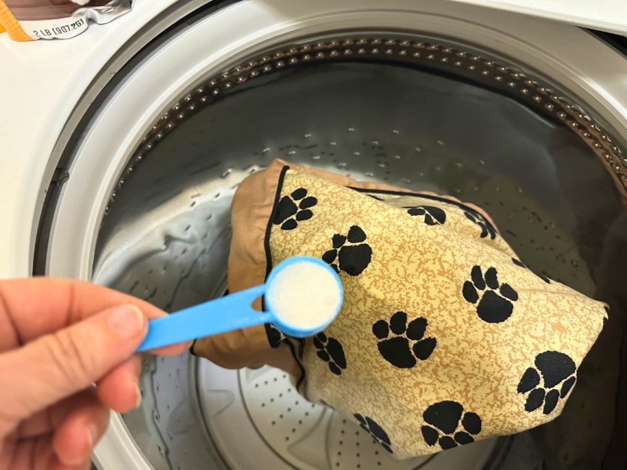 person holding a blue scoop with white laundry powder over a washing machine with a brown and black dog bed blanket