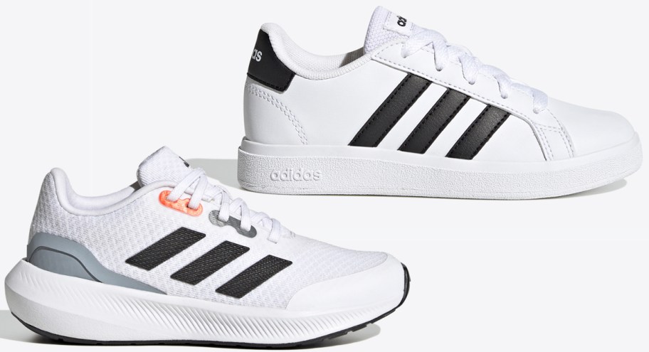 two pairs of white adidas sneakers with black stripes