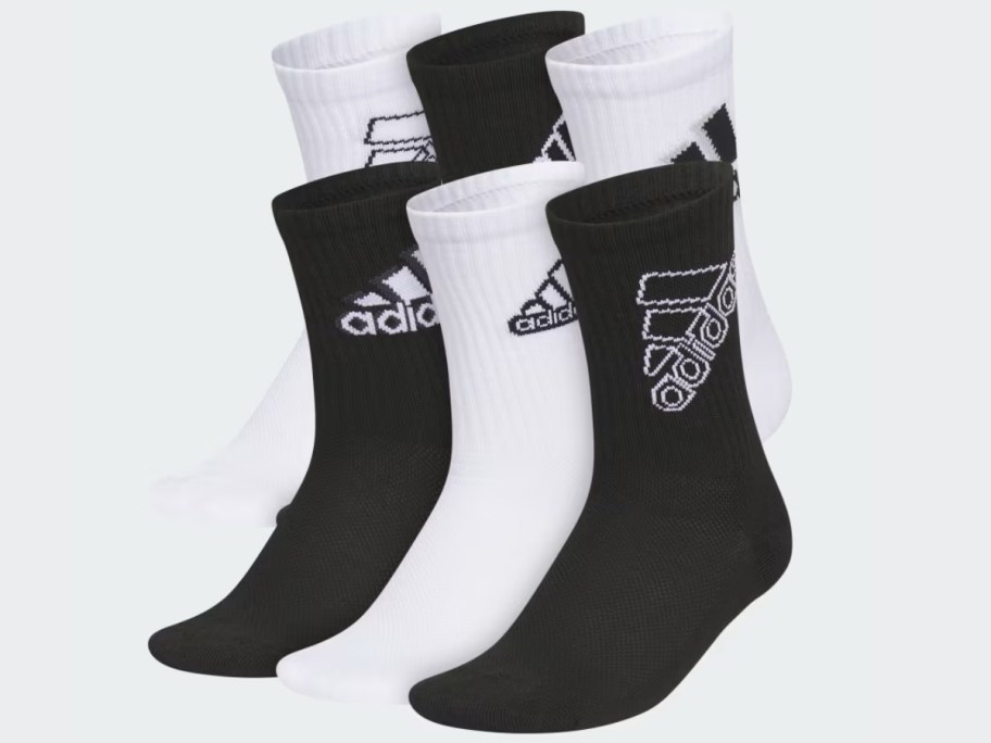 6 single adidas socks in black and white with the logo on the side