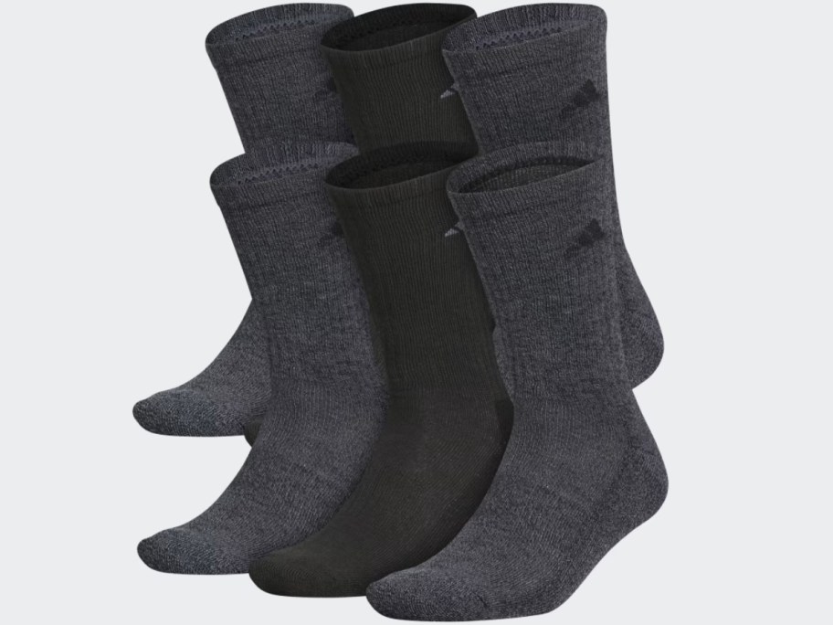 6 single adidas crew socks in black and grey