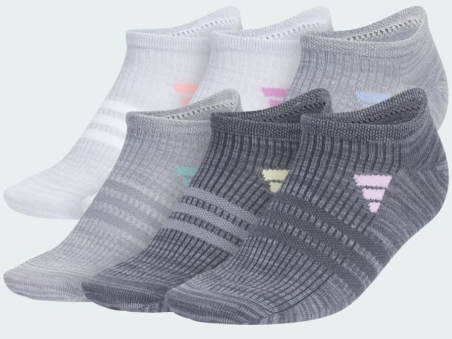 6 single adidas low cut socks in shades of grey and white with stripes