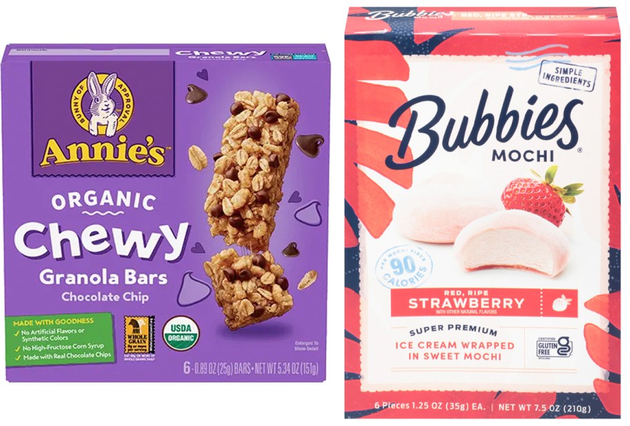 annies granola bars box and bubbies mochi ice cream box