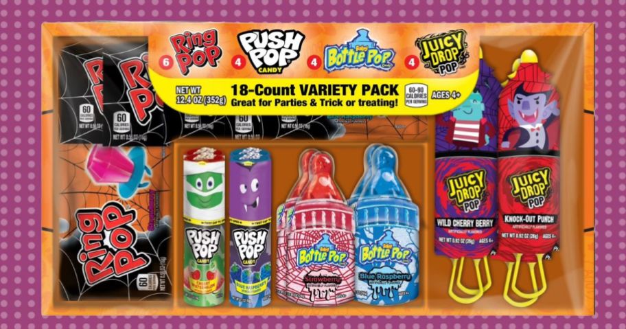 Bazooka 18-Count Variety Candy Box against purple polka dot background