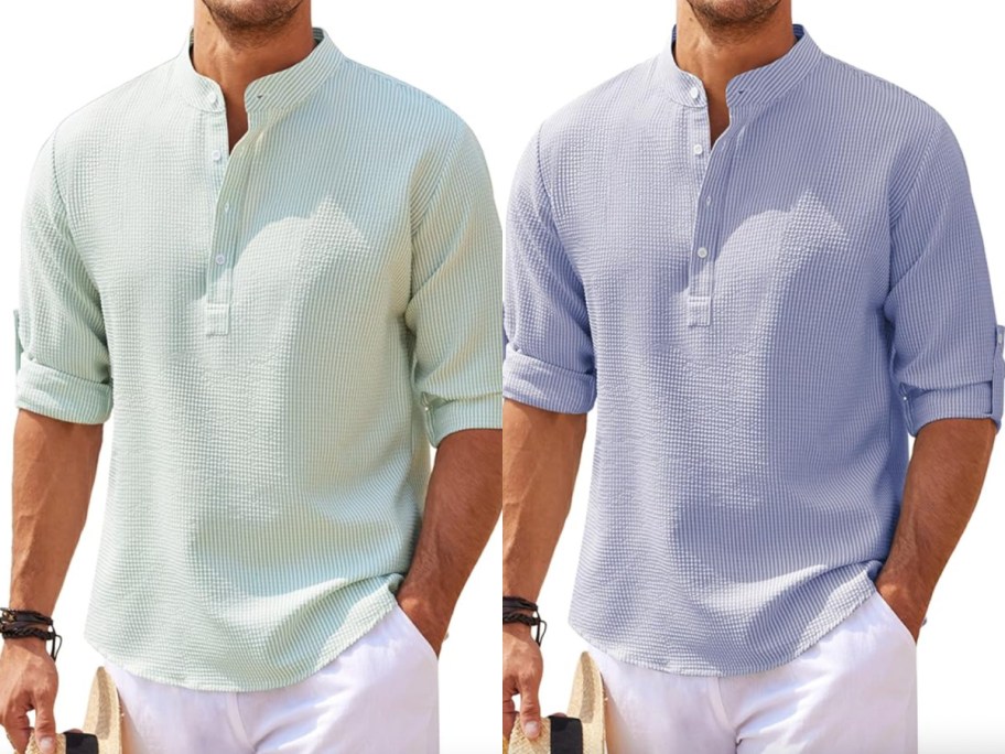 green and blue linen henley mens shirts