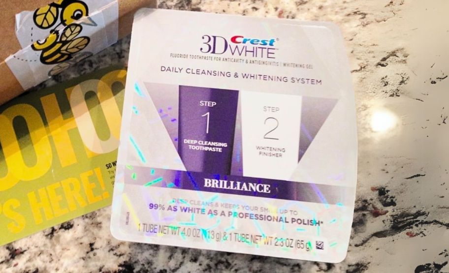 crest 3D white brilliance kit in its packaging on a countertop