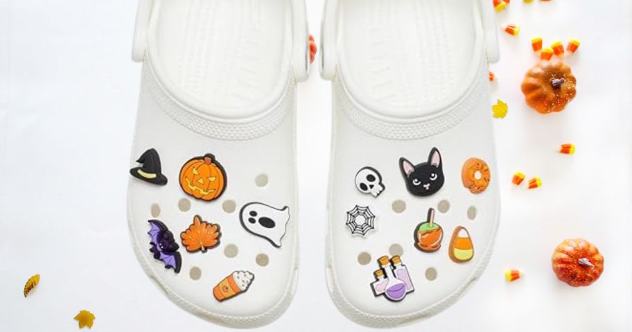 white Crocs with halloween jibbitz