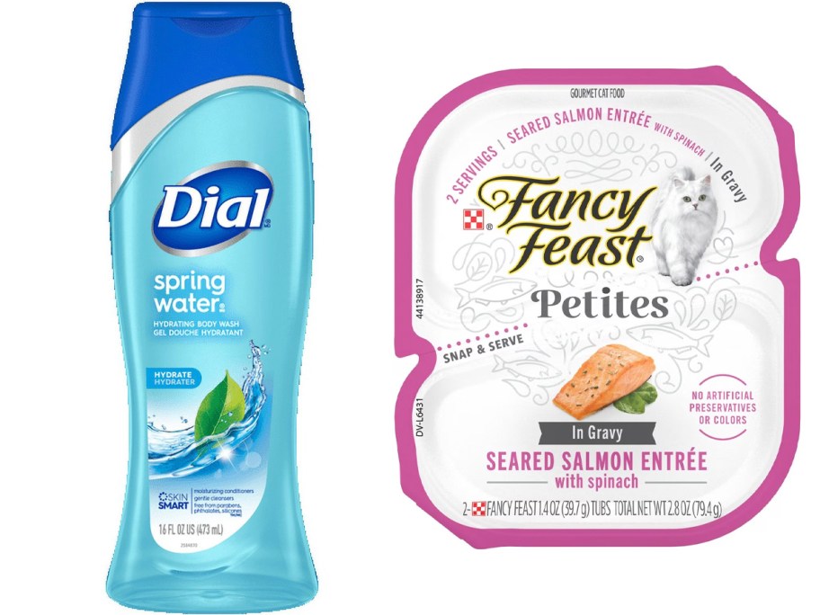 dial body wash and fancy feast petite cat food 